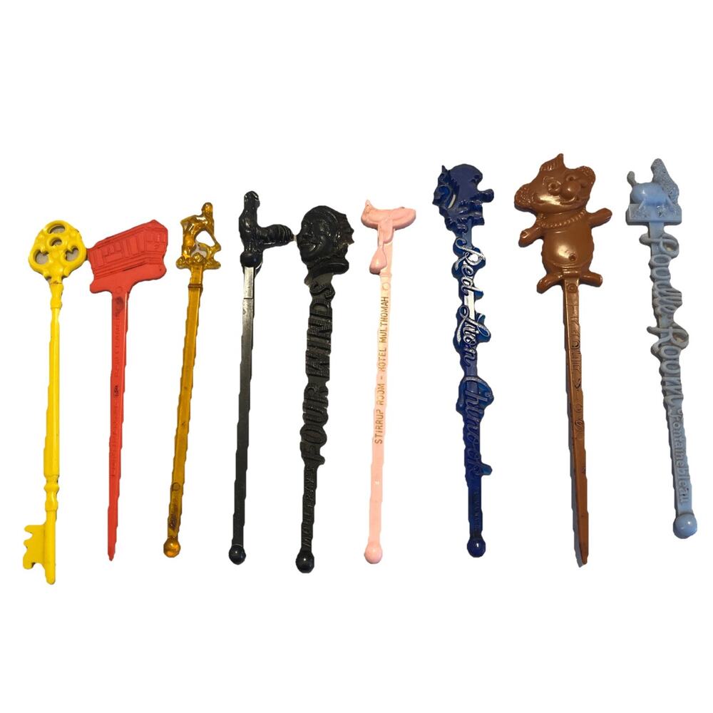 Vintage mid century Cocktail Swizzle Sticks Lot 10 stirrers Figural Advertising